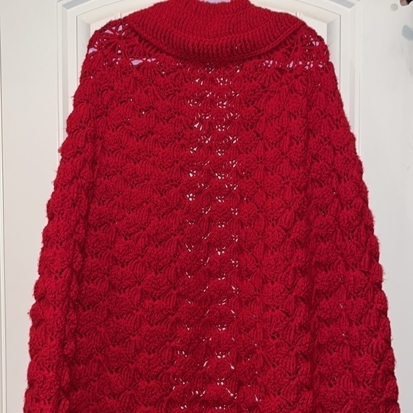 GORGEOUS red chunky crochet handknit open cardigan/cape/poncho boho grandma OS - Picture 8 of 10